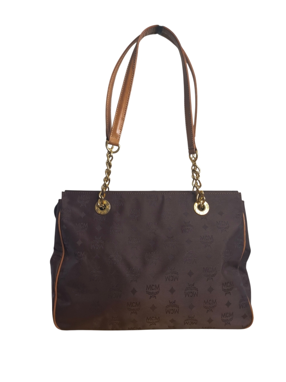 MCM Brown Logo Canvas Shoulder Tote with Gold Chain Handles - Picture 4 of 15